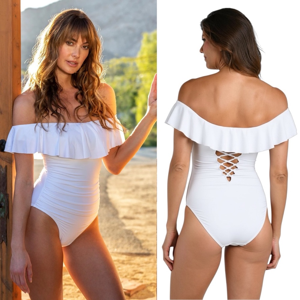 LA BLANCA Island Goddess Off the Shoulder Lace Up Back One Piece Bridal NEW 8